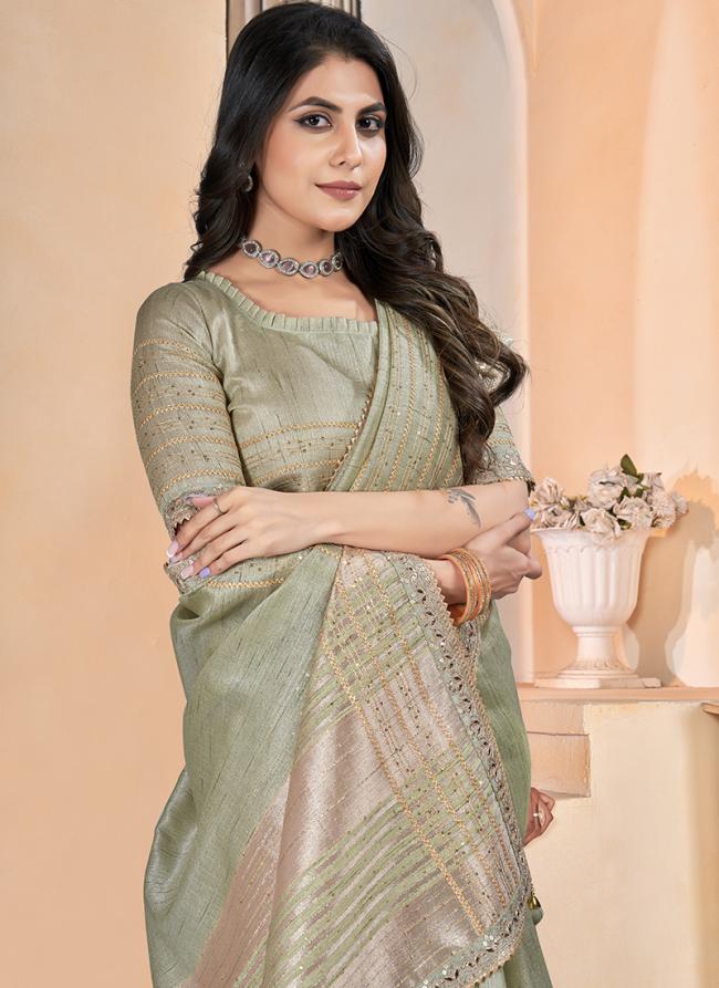 Linen Green Festival Wear Coding Work Saree